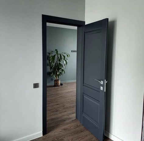 Colored Doors Interior, Dark Grey Doors, Dark Interior Doors, Interior Panel Doors, Interior Door Colors, Grey Interior Doors, Dark Doors, Dark Trim, Black Interior Doors