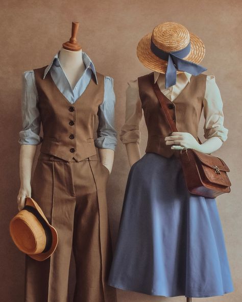 FEMKIT | Left or Right? 💼🤎🕰️ Two waistcoat outfits for your vintage inspired academia wardrobe. 📜🤎🕰️💼📔 Which one do you prefer? O u t f i t s 1 … | Instagram Fairytale Outfits Casual, Bookworm Outfit, Waistcoat Outfits, Academia Wardrobe, Waistcoat Outfit, Vintage Academia, Midi Dress Outfit, Midi Dress Fall, Old Fashion Dresses