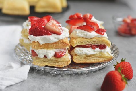 Strawberry Puff Pastry Shortcakes from the eMeals Dessert plan Strawberry Shortcake With Puff Pastry, Puff Pastry Strawberry Shortcake, Puff Pastry And Strawberries, Strawberry Desserts Puff Pastry, Strawberry Puff Pastry Recipes, Desserts Puff Pastry, Freezer Desserts Recipes, Shortbread Desserts, Strawberry Puff Pastry