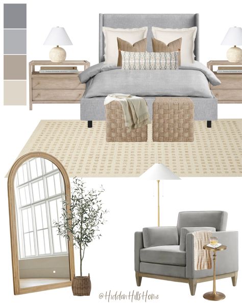 Grey Master Bedding Ideas, Master Bedrooms Gray Bed, Neutral And Blue Master Bed, Natural And Grey Bedroom Decor, Grey Bed With Cream Bedding, Blue Grey White Beige Bedroom, Rustic Transitional Bedroom, Gray Bed Headboard Decor, Grey Headboard With Beige Bedding