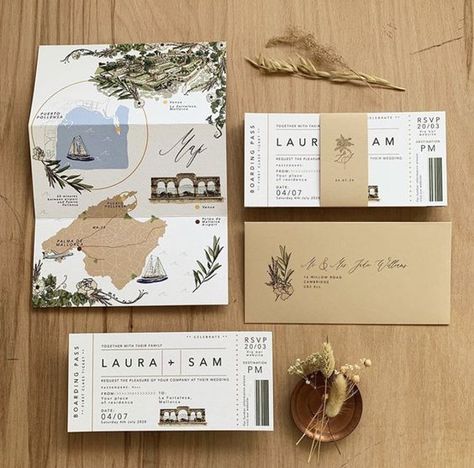 Wedding Invite Abroad, Map Invitation Design, Film Camera At Wedding, Wedding Invitation Travel Theme, Mallorca Wedding Ideas, Save The Date Boarding Pass Design, Wedding Map Invitation, Mallorca Wedding Invitation, Destination Wedding Invitation Ideas