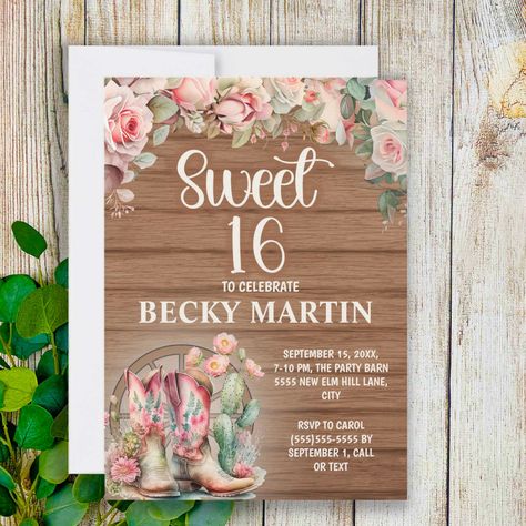 Cowgirl Boots Pink, Sweet 16 Rose Gold, Sweet 16 Party Invitations, 16 Invitations, Wood Invitation, Party Barn, Sweet 16 Gifts, Party Invite Design, Sweet 16 Invitations