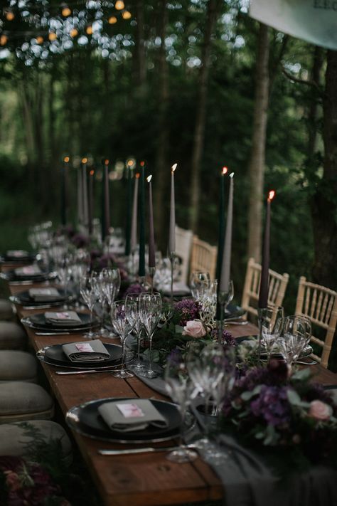 Dark Backyard Wedding, Dark Romantic Outdoor Wedding, Rustic Dark Wedding Decor, Dark Green Purple Wedding, Hunter Green And Purple Wedding, Dark Table Setting Wedding, Dark Woodland Wedding, Plum Green Black Wedding, Dark Green And Light Purple Wedding