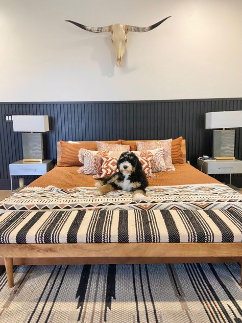 Southwestern style bedroom in Utah featuring an authentic longhorn skull over the bed and a black half slat wall Half Slat Wall, Bedroom Black Walls, Southwestern Style Bedroom, Over Bed Decor, Southwest Bedroom, Southwestern Bedroom, Longhorn Steer, Feature Wall Bedroom, Longhorn Skull