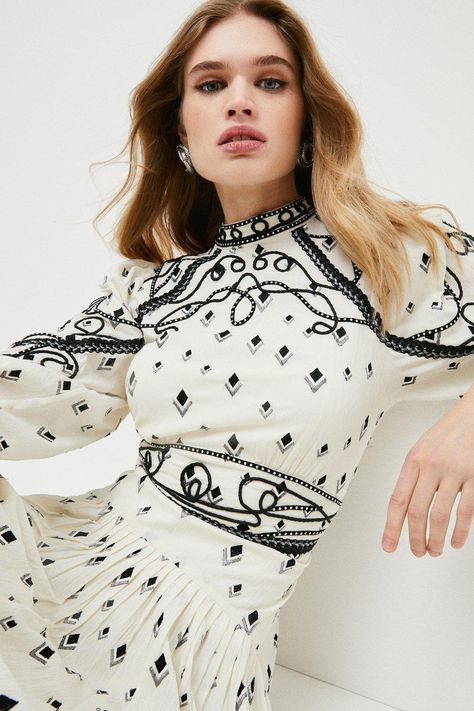 Embroidered Cornelli Tape Woven Dress | Karen Millen Latest Maxi Dresses, Karen Millen Dress, White Embroidered Dress, Maxi Dress Collection, Ladies Clothes Fashion, Lace Sleeve Top, Striped Midi Skirt, Striped Knit Dress, Embroidered Midi Dress