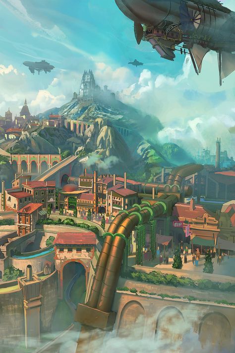 ArtStation - Industrial mountain City , Tyler edlin Modern Fantasy World, Steampunk Rpg, Imaginary Landscapes, Buildings Artwork, Steampunk City, Industrial City, Fantasy Town, The Heist, Mountain City