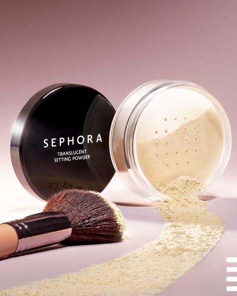 SEPHORA COLLECTION Translucent Setting Powder: A universal, airy, micro-fine translucent loose setting powder that blurs skin’s texture and sets makeup with a natural, soft focus. Sephora Translucent Powder, Sephora Setting Powder, Setting Powder Photography, Loose Powder Product Photography, Makeup Powder Photography, Powder Makeup Photography, Loose Powder Photography, Sephora Powder, Powder Photography