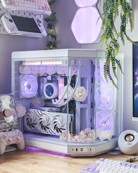 Snow White, the most beautiful PC ~ ☁️🎐🫧🍃 desk setup | room | setup style | minimalist | pc setup #gamingsetup #setupinspiration #pcsetup #setupgoal #aesthetic #brown #purple #hytey70 #custompc Brown And Purple Room, Minimalist Pc Setup, Purple Setup, Pc Desk Setup, Desk Idea, Dream Setup, Game Setup, Pc Build, Purple Rooms