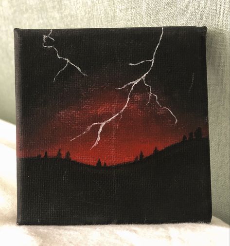 Thunder Canvas Painting, Painting Idea On Black Canvas, Day And Night Painting Aesthetic, Black Red Drawing, Red And Black Canvas Painting, Aesthetic Color Drawings, Small Aesthetic Painting, Black Mountain Painting, Red And Black Art Drawings