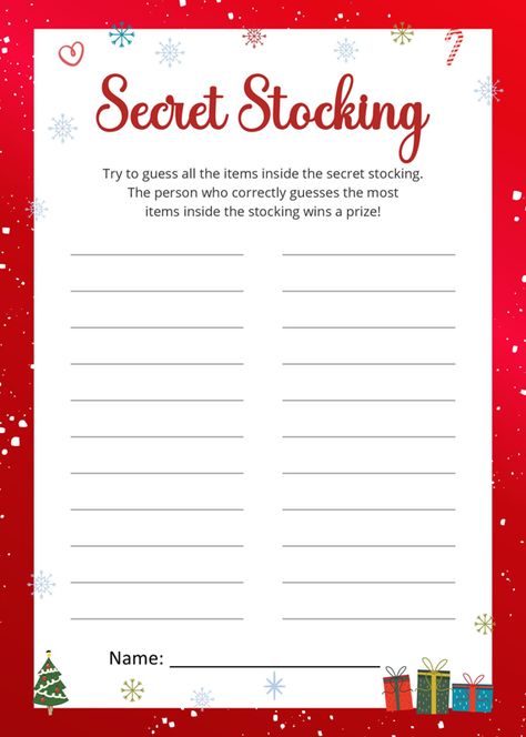 Secret Stocking Christmas Game | Holiday Party Games Printable Secret Stocking Exchange, Christmas Stocking Exchange Ideas, Christmas Stocking Exchange, Pass The Gift Game, Fun Holiday Games, Party Games Printable, Santa Party, Socks Party, Christmas Coupons