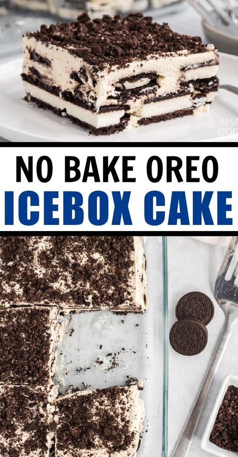 This easy summer dessert recipe is made with only four simple ingredients – chocolate Oreo cookies and homemade, sweetened whipped cream! Cookies and cream never tasted so good. #oreo #iceboxcake #nobake #nobakedessert #oreodessert #cookiesandcream #dessert #onepandessert #amandascookin Whipped Cream Cookies, Oreo Ice Box Cake, Chocolate Oreo Cookies, Oreo Icebox Cake, Freezer Desserts, Easy Summer Dessert Recipes, Whipped Cream Desserts, Ice Box Cake, Icebox Cakes