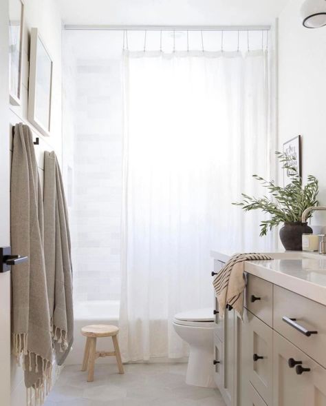 Neutral Kids Bathroom Ideas, Neutral Kids Bathroom, Neutral Shower Curtains, Long Shower Curtain, Neutral Bathroom, Hall Bathroom, Small Kids, Bathroom Idea, Girls Bathroom