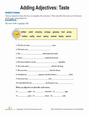 Your kid might get a little hungry filling in the blanks with all the tasty adjectives in this worksheet. Warning: Worksheet is not for human consumption!#educationdotcom Adjectives Grammar, Adjectives Worksheet, Writing Sentences Worksheets, Verb Practice, Creative Writing Exercises, Adjective Words, Adjective Worksheet, Graphing Worksheets, Nouns And Adjectives