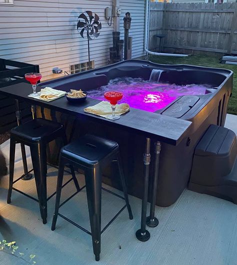 Azure Hot Tub by Freeflow Spas with custom made table with stools. Outdoor Patio Ideas With Hot Tub And Fire Pit, Hot Tub Set Up Ideas, Outdoor Hot Tub With Tv, Hot Tub Storage Ideas, Hot Tub With Bar Counter, Hot Tub Table Ideas Diy, Hot Tub Ideas Backyard Patio, Hot Tub Side Table, Hot Tub Table