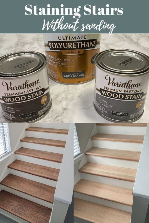 Stair Stain Colors, Light Stained Stairs, Basement Stair Treads, Uncarpeting Stairs, Wood Banister Makeover, Refinishing Wood Stairs, Wood Stained Stairs, Stair Paint Ideas, Staining Wood Stairs