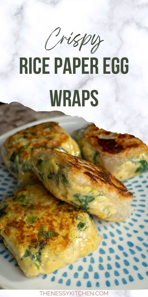 These Rice Paper Egg Wraps are an easy and satisfying breakfast, quick meal or snack! Inspired by Asian flavours and delightfully crispy! Homemade Egg Wraps, Breakfast Rice Paper Wraps, Rice Paper Eggs, Wrap With Egg, Rice Paper Egg Breakfast, Rice Paper Recipes Breakfast, Rice Paper Breakfast Recipes, Rice Wrap Recipes, Rice Paper Omelette