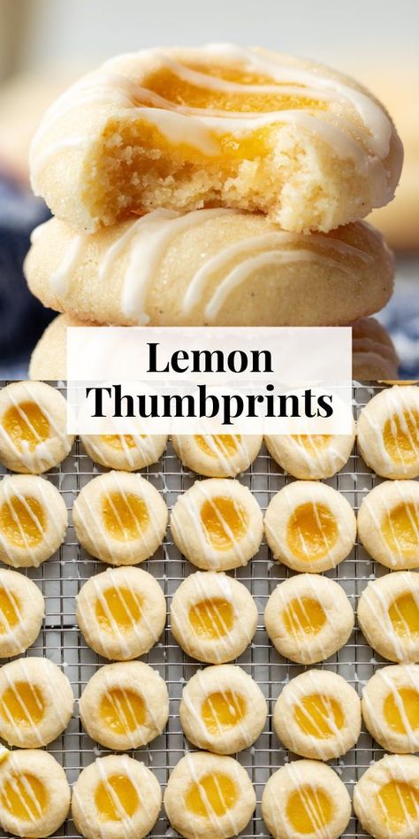 These lemon thumbprint cookies are a lemon lovers' dream! Fill soft, buttery lemon sugar cookies with lemon curd, & drizzle with lemon icing. #lemon #Christmas #holidaycitrus Soft Lemon Curd Cookies, Lemon Jam Cookies, Lemon Snowflake Cookies Taste Of Home, Simple Quick Baking Recipes, Lemon Rind Candy, Lemon Thumb Print Cookies, Honey Treats Desserts, Lemon Desserts Cookies, Homemade Slice And Bake Cookies