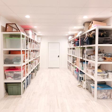 Basement Storage Closet, Basement Storage Organization, Basement Storage Shelves, Garage Storage Inspiration, Basement Organization, Basement Remodel Diy, Storage Room Organization, Garage Organization Diy, Basement Living Rooms