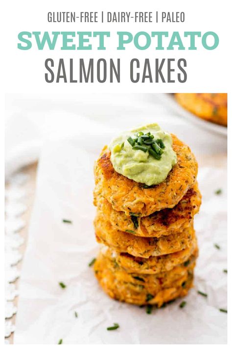 These sweet potato salmon cakes served with a tasty avocado crema are a fun way to obtain nutrients like iron, healthy fats and protein! They’re perfect for baby-led weaning or toddlers since they’re easy to hold and fun to eat. A great healthy meal option for the whole family! {Gluten-free, dairy-free & paleo} Salmon And Sweet Potato Patties, Salmon And Potato Patties, Salmon Potato Patties, Salmon Fritters Recipes, Hidden Sweet Potato Recipes, Sweet Potato And Salmon Recipes, Sweet Potato Cakes Healthy, Salmon And Sweet Potatoes Recipes, Healthy Salmon Croquettes