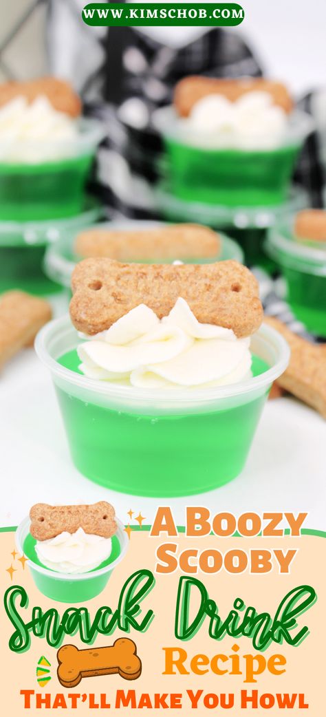 Fun Alcoholic Drinks For A Party Summer, Scooby Doo Jello Shots, Scooby Doo Themed Food, Movie Themed Alcoholic Drinks, Scooby Snacks Recipe, Scooby Doo Drink, Scooby Snacks Jello Shots, Scooby Snack Shot Recipes, Scooby Snack Jello Shots