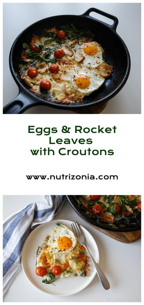 Eggs & Rocket Leaves with Croutons - :: Nutrizonia :: Rocket Leaves, Soft Egg, Halal Recipes, Oven Dishes, Breakfast Items, Vegetarian Food, Croutons, Digestion Problems, Low Calorie Recipes