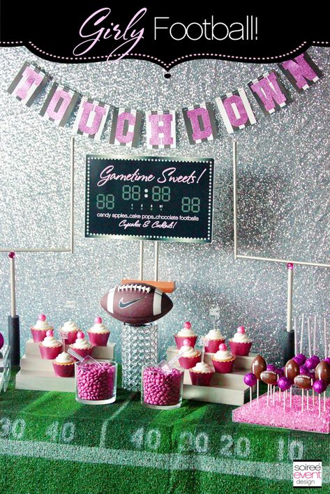 Pink Football Party, Girl Football Party, Football Party Desserts, Football Themed Birthday Party, Football Baby Shower, Pink Football, Party Sweets, Football Birthday Party, Party Dessert Table