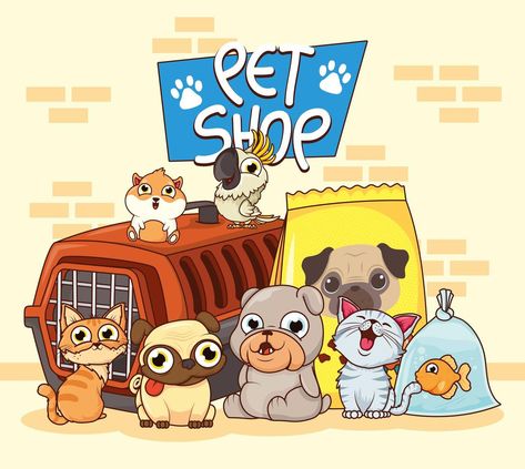 group of animals with pet shop items Pet Sitting Business Cards, Pet Shop Logo Design, Pet Shop Logo, Shop Vector, Pet Sitting Business, Business Cards Layout, Pet Spa, Animal Love, Vector Art Design