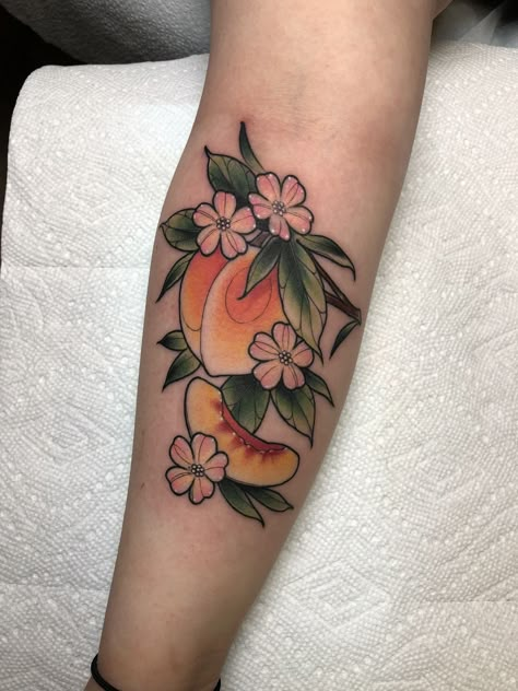 Click to see full size Peach Tattoos, Fruit Tattoos, Peach Tattoo, Fruit Tattoo, Floral Tattoos, Latest Tattoos, Color Tattoos, Full Sleeve Tattoos, Botanical Tattoo