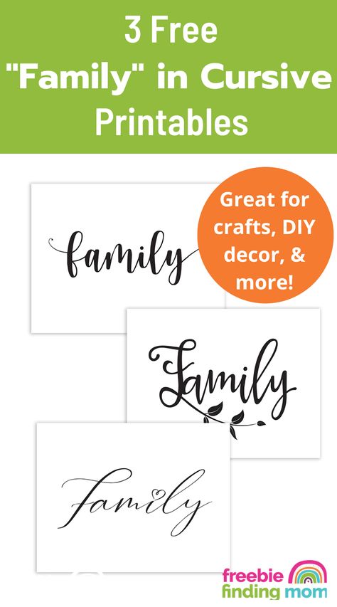 These are 3 free printables of family written in cursive to help you learn how to write family in cursive writing. Family In Cursive, Simple Homemade Gifts, Free Family Printables, Family Written, Vision Board Workshop, Dollar Diy, Freebies By Mail, Printable Coloring Pages For Adults, Christmas Gifts Diy