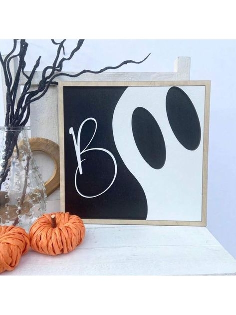 1pc Rustic Wood Framed Halloween Ghost Wall Decor, "BOO" Festive Decoration, 8.6x8.6 Inch, Hanging Ornament For Home, Battery-Free Multicolor    Wood     Home Decor, size features are:Bust: ,Length: ,Sleeve Length: Diy Boo Sign, Diy Fall Decor To Sell, Diy Halloween Signs Wood, Fall Sign Ideas, Hey Boo Sign, Diy Fall Signs, Wood Halloween Decorations, Porche Halloween, Wooden Halloween Signs