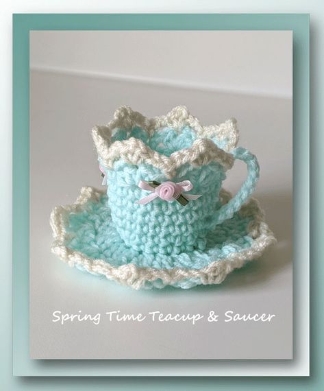 Spring Time Teacup & Saucer Free Crochet Pattern Crochet Tea Cup, Crochet Food, Teacup And Saucer, Crochet Bunny, Crochet Hook Sizes, Tea Cup And Saucer, Crochet Gifts, Crochet Doilies, Yarn Crafts