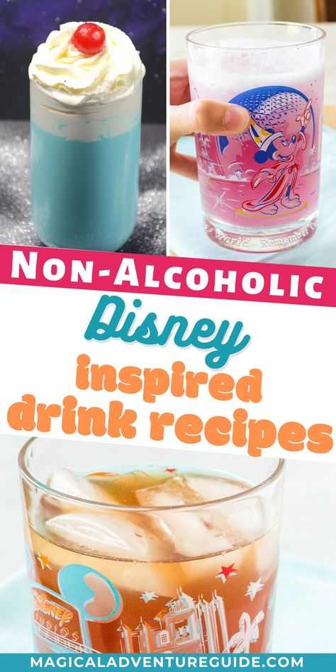 If you love the special drinks available in Disney theme parks, you'll adore these fantastic recipes for Disney drinks! Because they're non-alcoholic, they're family-friendly options to satisfy your Disney cravings. Disney Non Alcoholic Drinks, Disney Drinks Recipes, Disney Themed Drinks Non Alcoholic, Mocktails Non Alcoholic Harry Potter, Disney Mocktail Recipe, Non Alcoholic Wedding Drinks, Disney Drinks Nonalcoholic, Disney Mocktails Non Alcoholic, Disney Princess Drinks