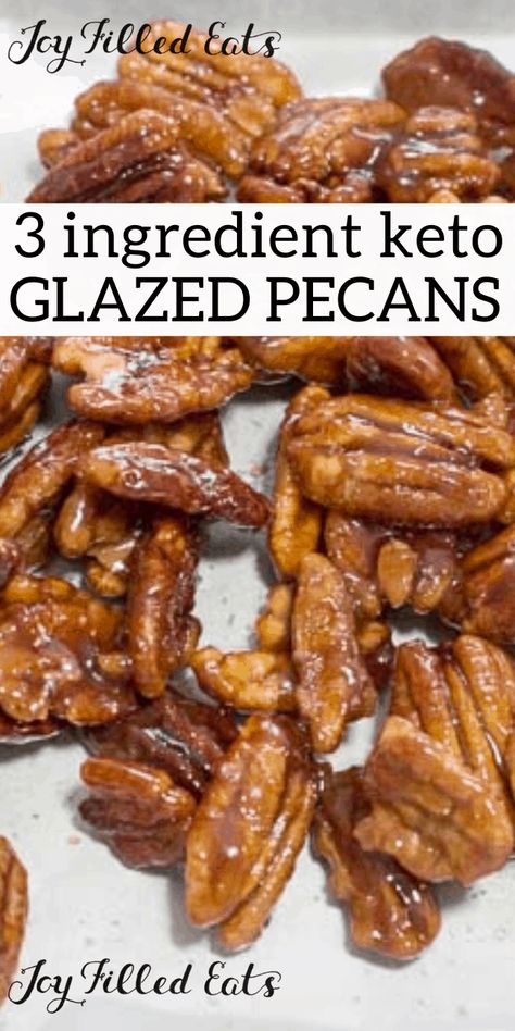 These Glazed Pecans are simple to make & delicious to munch on. I love sweet coated nuts. Candied pecans add flavor & texture to salads, ice cream, desserts, & more. #lowcarb #lowcarbrecipes #lowcarbdiet #keto #ketorecipes #ketodiet #thm #trimhealthymama #glutenfree #grainfree #glutenfreerecipes #recipes #desserts #dessertrecipes #ketodessert #lowcarbdessert #sugarfree #nobake #pecans #glazedpecans #nuts #snack #ketosnacks Pinata Cookies, Healthier Sweets, Glazed Pecans, Keto Holiday, Keto Candy, High Carb Foods, Joy Filled Eats, Cauliflower Crust, Keto Snack