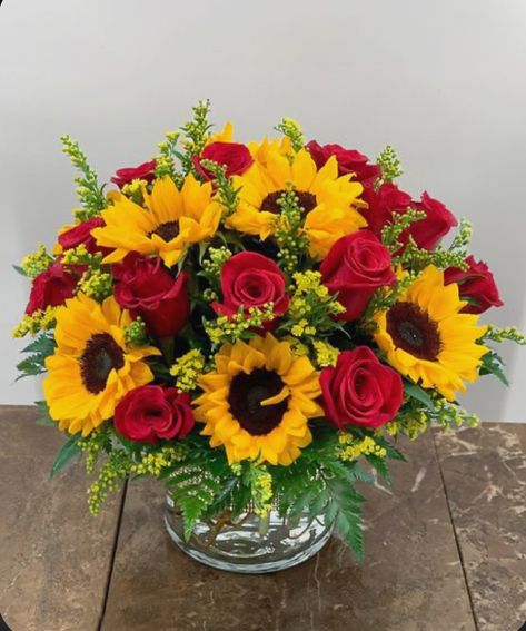 Fall Theme Flower Arrangements, Sunflower And Roses Centerpieces, Yellow And Red Flower Arrangements, Red Rose And Sunflower Bouquet, Yellow And Orange Flower Arrangements, 50th Anniversary Flower Arrangements, Sunflower Roses Bouquet, Flowers Arrangements Birthday, Sunflower Arrangements Vases