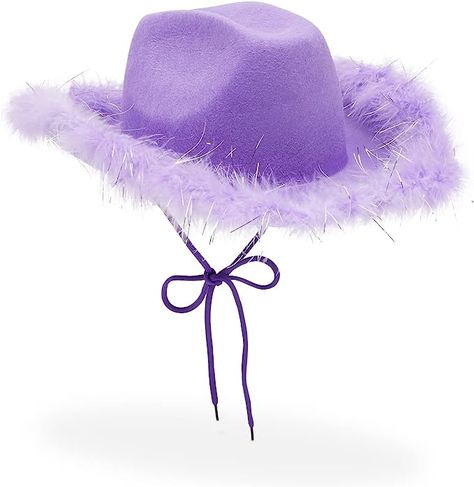 Amazon.com: Zodaca Purple Cowboy Hat with Feathers on Brim for Women, Men, Western Felt Fluffy Cowgirl Hat for Halloween Costume, Dress Up, Birthday, Bachelorette Party Accessories : Clothing, Shoes & Jewelry Bachelorette Costume, Purple Cowboy Hat, Pink Cowboy Hat, Festival Attire, Purple Cow, Felt Cowboy Hats, Chapeau Cowboy, Purple Feather, Rodeo Outfits