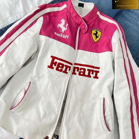 Ferrari f1 racing leather jacket Pink🌸❄️🎗 Pink Ferrari Jacket, Race Car Jacket, F1 Jacket, Racing Leather Jacket, Pink Ferrari, Ferrari Jacket, Pink Ranger, Feminine Urge, Racing Jackets