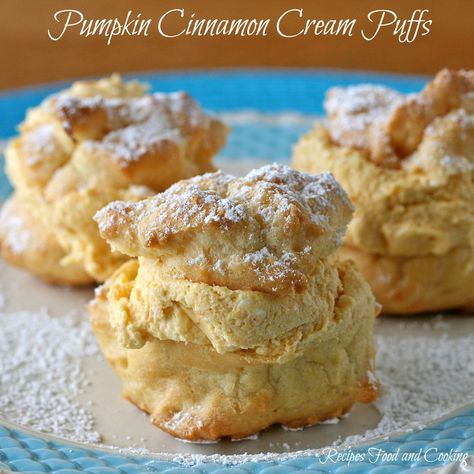 Pumpkin Cinnamon Cream Puffs Pumpkin Cream Puffs Filling, Pumpkin Cream Puff Filling, Maple Cream Puffs, Fall Cream Puffs, Pumpkin Cream Puffs Recipe, Pumpkin Cream Puffs, Halloween Cream Puffs, Pumpkin Pastries, Thanksgiving Sweets