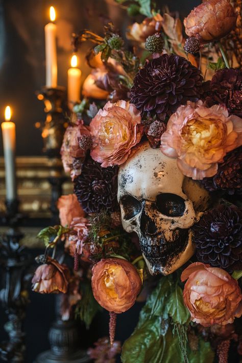 Witchcraft Halloween Decor, Spooky Garden Party, Romantic Halloween Decor, Halloween Dried Flowers, Occult Halloween Decorations, Gothic Floral Home Decor, Halloween Wedding Aesthetic, Black Flowers Halloween Decor, Creepy Mantle Decor