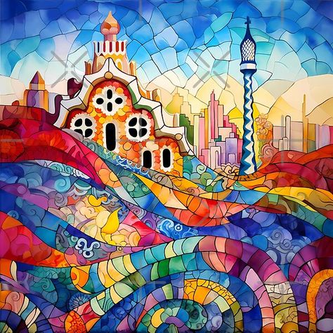 Antoni Gaudi Art, Barcelona Painting Acrylic, Barcelona Artwork, Antoni Gaudi Mosaic, Park Guell Barcelona Gaudi Mosaic, Barcelona Gaudi, Barcelona Art, Park Guell, Mosaic Drawing