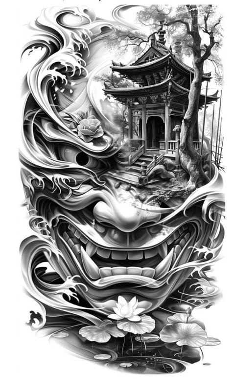 Illusion Tattoo Ideas, Asian Tattoos Men, Men Cool Tattoo, Women Face Tattoo, Tattoos Painting, Japanese Temple Tattoo, Tattoo Time Lapse, Illusion Tattoo, Japanese Warrior Tattoo