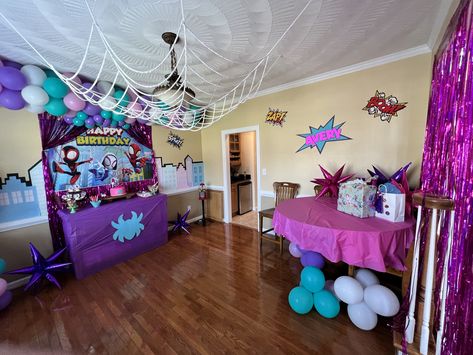 Ghost Spider Party Decorations, Ghost Spider 3rd Birthday, Spider Gwen Party Ideas, Gwen Spidey Party, Ghost Spider Decorations, Gwen Ghost Spider Birthday Party, Ghost Spider Party Ideas, Girl Spidey Birthday Party, Girl Spider Man Birthday Party