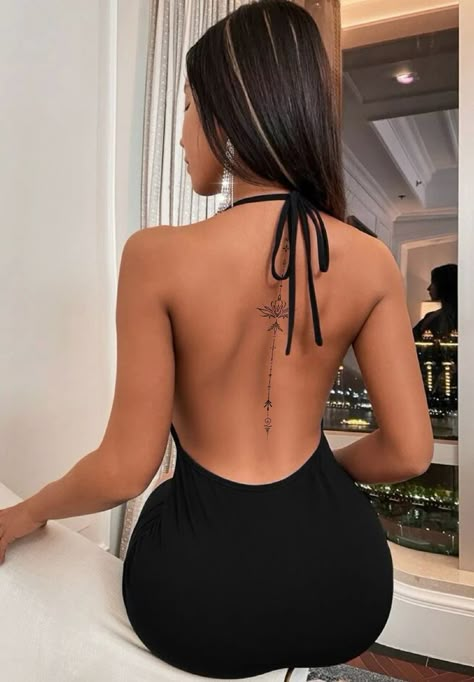 Lotus Tattoo Back, Protection Tattoo, Tato Minimal, Spine Tattoos For Women, Backless Bodycon Dresses, Spine Tattoo, Lotus Tattoo, Back Tattoo Women, Spine Tattoos