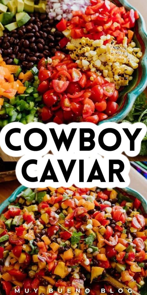 Cowboy Caviar is a perfect appetizer recipe for your next party. This hearty cowboy caviar is full of colorful veggies and black beans in a tangy and spicy dressing that really hits the spot. Serve with tortilla chips for an awesome dip that is sure to be a crowd-pleaser. Try this budget-friendly cowboy caviar for dinner this week or as an appetizer at your next party. Texas Caviar Recipe, Spicy Dressing, Texas Caviar, Beans Vegetable, Canning Sweet Corn, Caviar Recipes, Cowboy Caviar, Fresh Corn, Mexican Food Recipes Authentic