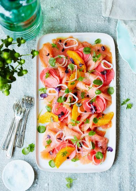 Smoked salmon carpaccio Recipe | Home Beautiful Magazine Australia Smoked Salmon Starter, Salmon Starter, Salmon Carpaccio, Carpaccio Recipe, Aphrodisiac Foods, Smoked Salmon Salad, Sushi Menu, Summer Eating, Salmon Salad