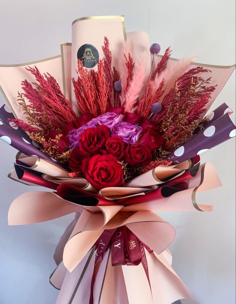 Purple & Red Flower bouquet 💜❤️ Red Flower Bouquet, Bouquet Arrangement, Bouquet Arrangements, Red Flower, Rose Bouquet, Red Flowers, Flowers Bouquet, Dried Flowers, Roses