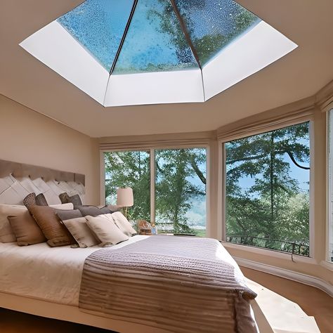 Sun Roofs Ceilings Bedroom, Bedroom Glass Ceiling, Sky Light Bedroom Ideas, Bedrooms With Skylights, Skylight Bedroom Aesthetic, Bedroom With Skylight Ceilings, Living Room Skylights, Sky Window Bedroom, Glass Roof Bedroom