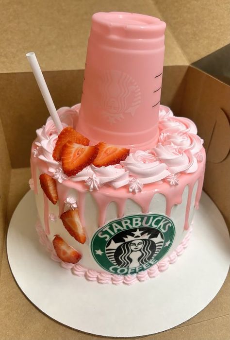 Starbucks Pink Drink Cake Ideas, Starbucks Pink Drink Birthday Cake, Starbucks Inspired Cake, Starbucks Pink Drink Birthday Party, Starbucks Theme Party Ideas, 12 Year Birthday Cake Ideas, Lululemon Cake Ideas, Starbucks Bday Cake, Pink Starbucks Birthday Party