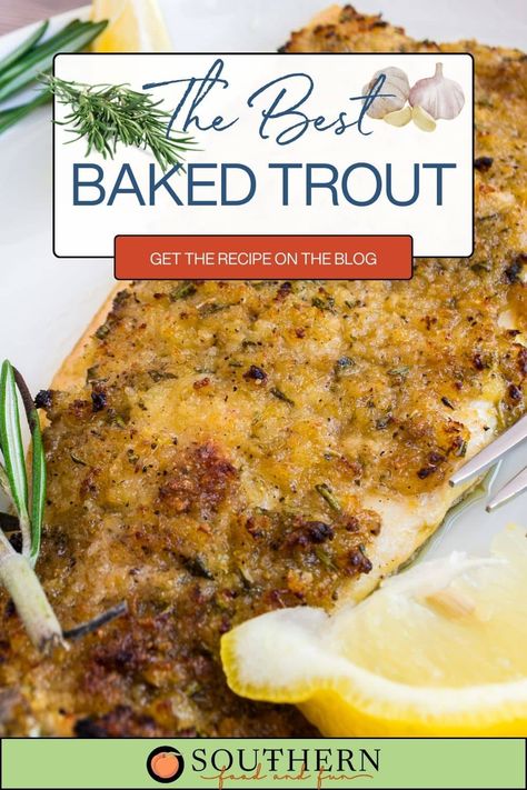 This easy baked trout recipe is perfect for a weeknight dinner or a special occasion. The fragrant rosemary and zesty lemon pair perfectly with the delicate fish, while a couple of secret ingredients and a special cooking method create a dish that's good enough for company. Sea Trout Recipe Baked Fish, Easy Trout Recipes, Fresh Trout Recipes Baked, Sea Trout Recipe, Baked Trout Recipes, Trout Recipes Baked, Speckled Trout Recipe, Baked Trout Fillet, Steelhead Trout Recipe Baked