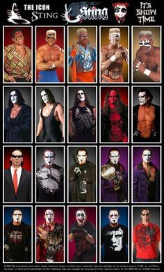 The Many Faces of Sting - Unexplained Mysteries Of Random Cool Stuff! The Many Faces of Sting #wwe Sting Poster, Sting Wcw, Wrestling Posters, Watch Wrestling, Lucha Underground, Professional Wrestlers, Wwe Tna, Wrestling Stars, Wwe Wallpapers