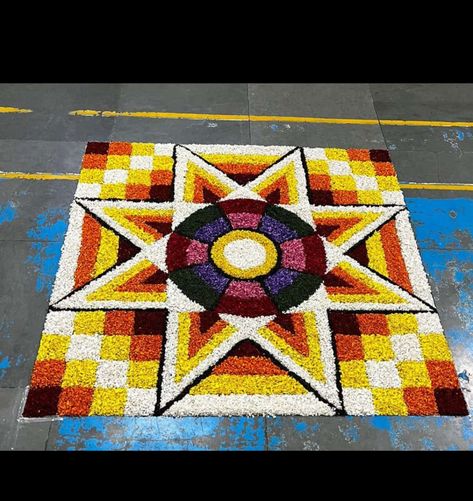 Onam Pookalam Design, Foam Board Crafts, Mathematical Shapes, Onam Pookalam, Pookalam Design, Rangoli Designs For Competition, Flower Kolam, Flower Carpet, Board Crafts